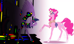 Size: 1154x692 | Tagged: safe, artist:1doshik1, imported from derpibooru, pinkie pie, twilight sparkle, alicorn, earth pony, pony, bag, clothes, corrupted, dusk till dawn, error, female, glitch, goggles, horn, mare, pibby, raised hoof, saddle bag, scarf, shadow, smiling, socks, spread wings, twilight sparkle (alicorn), wings