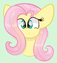 Size: 642x703 | Tagged: safe, artist:sugarcloud12, imported from derpibooru, fluttershy, pegasus, pony, big ears, bust, female, green background, looking at you, mare, portrait, signature, simple background, smiling, smiling at you, solo