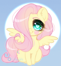 Size: 800x857 | Tagged: safe, artist:cabbage-arts, imported from derpibooru, fluttershy, pegasus, pony, blue background, blushing, cute, female, hair over one eye, heart, heart eyes, looking at you, mare, shyabetes, sitting, smiling, smiling at you, solo, spread wings, wingding eyes, wings