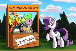 Size: 1280x854 | Tagged: safe, artist:littletigressda, imported from derpibooru, peewee, rarity, spike, dragon, phoenix, pony, unicorn, cloud, female, grass, lemonade stand, male, shipping, sign, sparity, straight, tree, trio