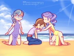 Size: 1280x960 | Tagged: safe, artist:drantyno, imported from derpibooru, diamond tiara, pipsqueak, silver spoon, human, equestria girls, armlet, beach, bracelet, equestria girls-ified, female, human coloration, jewelry, lens flare, male, pipsqueak gets all the mares