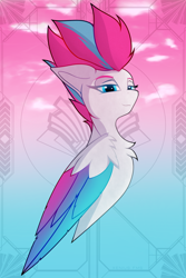 Size: 1400x2100 | Tagged: safe, artist:xeniusfms, imported from derpibooru, zipp storm, pegasus, pony, bust, cloud, colored wings, eyebrows, female, g5, looking at you, mare, multicolored wings, signature, smiling, smiling at you, solo, wings