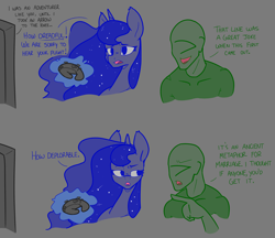 Size: 2584x2229 | Tagged: safe, artist:2hrnap, imported from derpibooru, princess luna, oc, oc:anon, alicorn, human, pony, arrow in the knee (meme), comic, controller, dialogue, duo, magic, meme, simple background, skyrim, telekinesis, the elder scrolls, video game