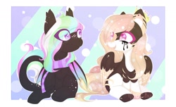 Size: 1280x778 | Tagged: safe, artist:hoochuu, imported from derpibooru, oc, oc only, bat pony, pegasus, pony, abstract background, bat pony oc, clothes, commission, duo, looking at each other, looking at someone, pegasus oc, scarf, sitting, smiling, wings, ych result