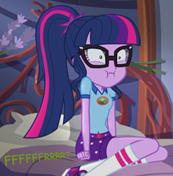 Size: 710x719 | Tagged: safe, artist:thedarkpony, edit, edited screencap, imported from derpibooru, screencap, sci-twi, twilight sparkle, human, equestria girls, legend of everfree, clothes, cropped, fart, fart edit, fart noise, female, onomatopoeia, shorts, sitting, sound effects