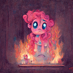 Size: 1024x1024 | Tagged: safe, imported from derpibooru, pinkie pie, earth pony, pony, ai content, ai generated, crying, fire, generator:midjourney, sad, solo