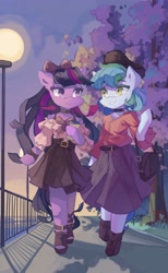 Size: 2516x4096 | Tagged: safe, artist:saxopi, imported from derpibooru, oc, oc:siriusnavigator, earth pony, semi-anthro, bag, belt, bow, bowtie, choker, clothes, commission, drink, drinking straw, duo, duo female, female, fence, hair bow, hat, hoof hold, looking at each other, looking at someone, mare, outdoors, purse, seaside, skirt, streetlight, tree, walking