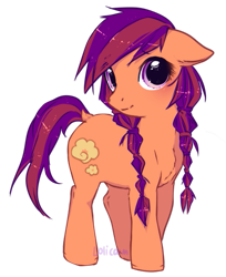Size: 457x560 | Tagged: safe, artist:lolicoom, imported from derpibooru, oc, oc only, oc:poppin' puff, earth pony, pony, braid, female, filly, orange (color), popcorn, purple eyes, simple background, transparent background