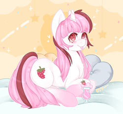 Size: 2000x1852 | Tagged: safe, artist:cartelevision, imported from derpibooru, oc, oc only, unicorn, :p, bed, blushing, heart, heart eyes, lying down, milkshake, multicolored hair, pillow, smiling, solo, tongue out, wingding eyes