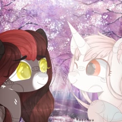 Size: 1280x1280 | Tagged: safe, artist:hoochuu, imported from derpibooru, oc, oc only, earth pony, pony, unicorn, bust, commission, duo, earth pony oc, eye clipping through hair, horn, one eye closed, outdoors, smiling, unicorn oc, wink, ych result