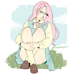 Size: 1200x1147 | Tagged: safe, artist:lonesomecryptid, imported from derpibooru, fluttershy, human, equestria girls, clothes, cloud, eyebrows, female, frown, gijinka, grass, humanized, nail polish, nature, schrödinger's pantsu, shoes, simple background, sitting, skirt, sky, socks, solo