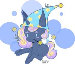 Size: 1280x1085 | Tagged: safe, artist:hoochuu, imported from derpibooru, oc, oc only, earth pony, pony, abstract background, artificial wings, augmented, blush sticker, blushing, commission, earth pony oc, hat, lying down, magic, magic wings, mouth hold, nightcap, prone, simple background, solo, white background, wings, ych result