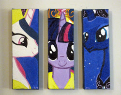 Size: 1013x789 | Tagged: safe, artist:kittychanann, imported from derpibooru, princess celestia, princess luna, twilight sparkle, alicorn, pony, big crown thingy, crown, element of magic, female, jewelry, mare, painting, regalia, smiling, triptych, twilight sparkle (alicorn)