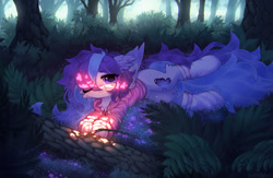 Size: 1280x835 | Tagged: safe, artist:astralblues, imported from derpibooru, oc, oc only, oc:butterfly effect, pegasus, pony, clothes, dappled sunlight, eye clipping through hair, forest, hoodie, looking at you, lying down, one eye closed, pegasus oc, prone, signature, smiling, smiling at you, socks, solo, wink, winking at you