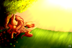 Size: 2250x1500 | Tagged: safe, artist:prettyshinegp, imported from derpibooru, fluttershy, pegasus, pony, female, lying down, mare, outdoors, prone, signature, sleeping, solo