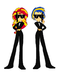 Size: 808x1000 | Tagged: safe, artist:mlpfan3991, imported from derpibooru, sunset shimmer, oc, oc:flare spark, human, equestria girls, clothes, duo, duo female, female, gun, men in black, simple background, sunglasses, transparent background, tuxedo, weapon
