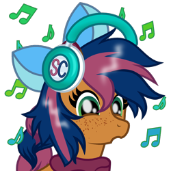 Size: 800x800 | Tagged: safe, artist:favitwink, imported from derpibooru, oc, oc only, oc:solar comet, pony, 60 fps, animated, animated png, bow, bust, commission, eyes closed, eyes open, femboy, feminine stallion, freckles, hair bow, happy, headbob, headphones, loop, male, music notes, perfect loop, portrait, show accurate, simple background, smiling, solo, transparent background, your character here