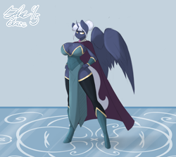 Size: 1200x1064 | Tagged: safe, alternate version, artist:blueblaze95, imported from derpibooru, oc, oc:queen aurora borealis, alicorn, anthro, unguligrade anthro, absolute cleavage, big breasts, breasts, cleavage, curved horn, female, horn, queen, solo, spread wings, wings