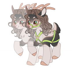 Size: 1280x1205 | Tagged: safe, artist:kusacakusaet, imported from derpibooru, oc, oc only, deer, pony, antlers, bridle, chest fluff, deer oc, deviantart watermark, duo, non-pony oc, obtrusive watermark, raised hoof, simple background, tack, watermark, white background