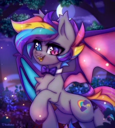 Size: 2786x3100 | Tagged: safe, artist:radioaxi, imported from derpibooru, oc, oc only, bat pony, pony, bat pony oc, bowtie, chest fluff, cloud, eye clipping through hair, eyebrows, eyebrows visible through hair, floppy ears, glowworm, moon, multicolored hair, open mouth, rainbow hair, rainbow tail, raised hoof, shrub, smiling, solo, spread wings, tail, tree, wings