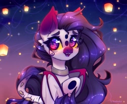 Size: 2861x2348 | Tagged: safe, artist:radioaxi, imported from derpibooru, oc, oc only, bat pony, pony, bat pony oc, colored eyebrows, colored eyelashes, folded wings, jewelry, long hair, mask, necklace, open mouth, sky lantern, slit pupils, solo, wings