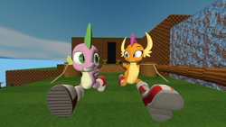 Size: 1920x1080 | Tagged: safe, artist:ponygamer2020, imported from derpibooru, smolder, spike, dragon, 3d, amy rose, boots, clothes, clothes swap, converse, crossover, dragons wearing clothes, duo, foreshortening, green hill zone, looking at each other, looking at someone, looking at you, miles "spike" prower, miles "tails" prower, running, shoes, smiling, smiling at you, smolder rose, sneakers, sonic generations, sonic the hedgehog (series), source filmmaker