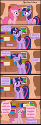 Size: 1615x4877 | Tagged: safe, artist:gutovi, imported from derpibooru, pinkie pie, trixie, twilight sparkle, earth pony, pony, unicorn, comic:grace pinkie, book, bookshelf, cape, clothes, comic, crossover, dialogue, egg, eyes closed, female, floppy ears, gak, golden oaks library, hat, horn, looking down, mare, nickelodeon, parody, pinkamena diane pie, sad, sitting, slime, smiling, speech bubble, text, trixie's cape, trixie's hat, unicorn twilight, when she doesn't smile