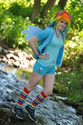 Size: 638x960 | Tagged: safe, artist:elathera, imported from derpibooru, rainbow dash, human, clothes, cosplay, costume, hand on hip, irl, irl human, multicolored hair, photo, rainbow hair, rainbow socks, socks, solo, striped socks