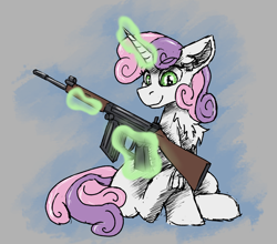 Size: 1488x1312 | Tagged: safe, artist:reddthebat, imported from derpibooru, sweetie belle, pony, unicorn, chest fluff, female, filly, fn fal, foal, frog (hoof), glowing, glowing horn, gun, horn, magic, rifle, solo, telekinesis, this will end in tears and/or death and/or covered in tree sap, underhoof, weapon
