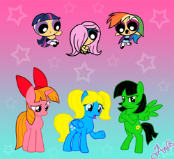 Size: 800x730 | Tagged: safe, artist:bast-incarnation, imported from derpibooru, fluttershy, rainbow dash, twilight sparkle, human, pegasus, pony, unicorn, bipedal, blossom (powerpuff girls), bow, bubbles (powerpuff girls), buttercup (powerpuff girls), confused, crossed hooves, crossover, female, hair bow, horn, humanized, mare, multicolored hair, pigtails, ponified, powerpuffified, rainbow hair, shocked, signature, species swap, spread wings, stars, the powerpuff girls, unamused, wings