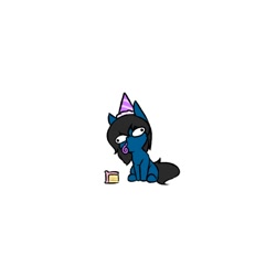 Size: 1000x1000 | Tagged: safe, artist:rice, imported from derpibooru, oc, oc only, oc:blue pone, earth pony, pony, cake, chibi, derp, food, hat, party hat, party horn, simple background, solo, wall eyed, white background