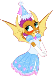 Size: 712x1024 | Tagged: safe, artist:darlycatmake, imported from derpibooru, smolder, dragon, beautiful, blushing, clothes, cute, dragon wings, dragoness, dress, dressup, female, flattered, froufrou glittery lacy outfit, gloves, happy, hat, hennin, long gloves, looking away, looking up, pretty, princess, princess smolder, simple background, smiling, smolderbetes, solo, transparent background, wings