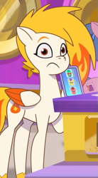 Size: 335x609 | Tagged: safe, imported from derpibooru, screencap, pegasus, pony, spoiler:g5, spoiler:my little pony: tell your tale, spoiler:tyts01e05, alternate hairstyle, cellphone, cropped, emoji, female, flare (g5), g5, mane melody, mare, my little pony: tell your tale, phone, rating, smartphone, solo