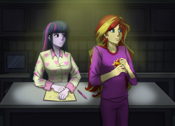 Size: 5931x4268 | Tagged: safe, artist:daazzlin, imported from derpibooru, sunset shimmer, twilight sparkle, human, equestria girls, rainbow rocks, absurd resolution, clothes, duo, duo female, female, notebook, pajamas, pen, scene interpretation