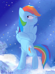 Size: 3000x4000 | Tagged: safe, artist:reinbou, imported from derpibooru, rainbow dash, pegasus, pony, bipedal, blushing, cloud, crossed hooves, female, flying, light, mare, night, sky, solo, stars