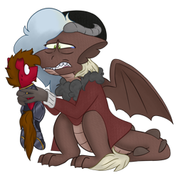 Size: 2200x2200 | Tagged: safe, artist:grandfinaleart, imported from derpibooru, oc, oc only, oc:mahogany teakwood, oc:rusty nail, dragon, pegasus, pony, fallout equestria, armor, beanie, beanie hat, brown eyes, brown hair, brown mane, clothes, crying, digital art, dragon oc, dragon wings, dragoness, duo, duo male and female, facial hair, fangs, female, folded wings, goatee, green eyes, hat, horns, jacket, male, nervous, nervous sweat, non-pony oc, pegasus oc, red fur, simple background, sitting, size difference, spread wings, stallion, sweat, teary eyes, transparent background, unshorn fetlocks, wings