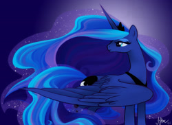 Size: 1650x1200 | Tagged: safe, artist:joellethenose, imported from derpibooru, princess luna, alicorn, pony, female, jewelry, lidded eyes, looking back, mare, regalia, signature, smiling, solo, standing