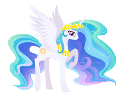 Size: 1200x1000 | Tagged: safe, artist:joellethenose, imported from derpibooru, princess celestia, alicorn, pony, female, flower, lei, lineless, looking at you, mare, profile, raised hoof, raised leg, signature, simple background, smiling, smiling at you, solo, spread wings, transparent background, wings