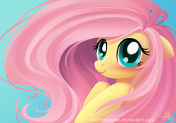 Size: 929x649 | Tagged: safe, artist:joellethenose, imported from derpibooru, fluttershy, pegasus, pony, big eyes, cute, female, floppy ears, gradient background, long hair, looking at you, mare, shyabetes, signature, smiling, solo, windswept mane