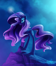 Size: 1440x1691 | Tagged: safe, artist:joellethenose, imported from derpibooru, nightmare rarity, pony, unicorn, cloud, female, glowing, glowing horn, horn, ledge, lidded eyes, looking at you, mare, night, signature, slit pupils, smiling, solo, standing, wingding eyes