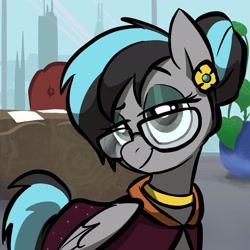 Size: 2048x2048 | Tagged: safe, artist:pfeffaroo, imported from derpibooru, oc, oc only, oc:stratus stream, pegasus, pony, city, clothes, ear piercing, earring, eyeshadow, female, glasses, jewelry, makeup, mare, piercing, plant, robe, smiling, smirk, solo
