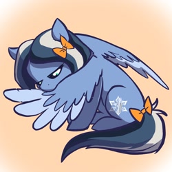 Size: 2048x2048 | Tagged: safe, artist:pfeffaroo, imported from derpibooru, oc, oc only, pegasus, pony, bow, gradient background, grooming, preening, sitting, solo, spread wings, tail, tail bow, wings