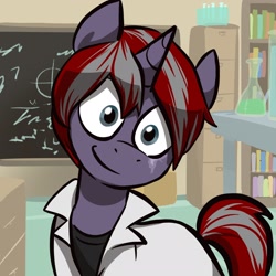 Size: 2048x2048 | Tagged: safe, artist:pfeffaroo, imported from derpibooru, oc, oc only, oc:bunsen beaker, pony, unicorn, chalkboard, clothes, lab coat, laboratory, looking at you, male, solo, stallion