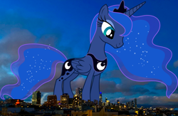 Size: 2048x1337 | Tagged: safe, artist:dashiesparkle, artist:thegiantponyfan, imported from derpibooru, princess luna, alicorn, pony, california, crown, female, giant alicorn, giant pony, giantess, highrise ponies, irl, jewelry, macro, mare, mega giant, mega luna, photo, ponies in real life, regalia, san francisco