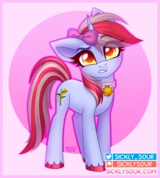 Size: 891x988 | Tagged: safe, artist:sickly-sour, imported from derpibooru, oc, oc only, oc:cinnamon lightning, pony, unicorn, bell, cat bell, eye clipping through hair, eyebrows, eyebrows visible through hair, raised eyebrow, solo