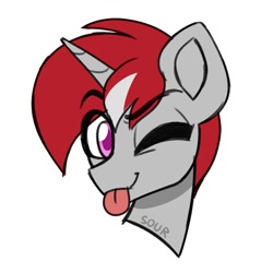 Size: 2000x2000 | Tagged: safe, artist:sickly-sour, imported from derpibooru, oc, oc only, pony, unicorn, bust, eye clipping through hair, eyebrows, eyebrows visible through hair, raspberry, simple background, smiling, solo, tongue out, white background