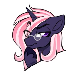 Size: 2000x2000 | Tagged: safe, artist:sickly-sour, imported from derpibooru, oc, oc only, pony, unicorn, bust, eye clipping through hair, eyebrows, eyebrows visible through hair, raised eyebrow, simple background, solo, suspicious, white background