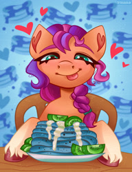 Size: 2300x3000 | Tagged: safe, artist:irinamar, imported from derpibooru, sunny starscout, earth pony, pony, abstract background, female, food, g5, heart, heart ears, mare, pancakes, solo, tongue out, wat