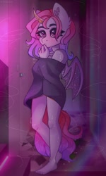 Size: 1800x3000 | Tagged: safe, artist:irinamar, imported from derpibooru, oc, oc only, alicorn, anthro, bat pony, bat pony alicorn, hybrid, plantigrade anthro, barefoot, bat wings, feet, horn, naked towel, solo, wings