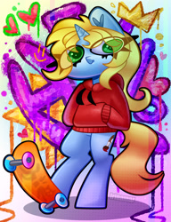 Size: 2300x3000 | Tagged: safe, artist:irinamar, imported from derpibooru, oc, oc only, oc:art's desire, semi-anthro, unicorn, clothes, graffiti, heart ears, hoodie, skateboard, solo